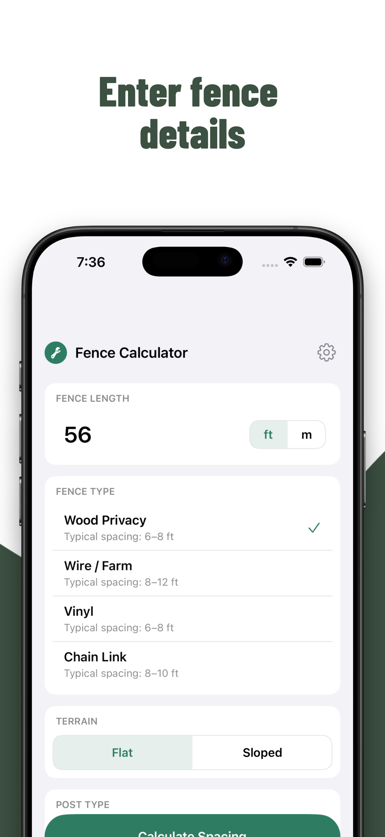 Fence Calculator Pro fence type, terrain, and post system selection screen.