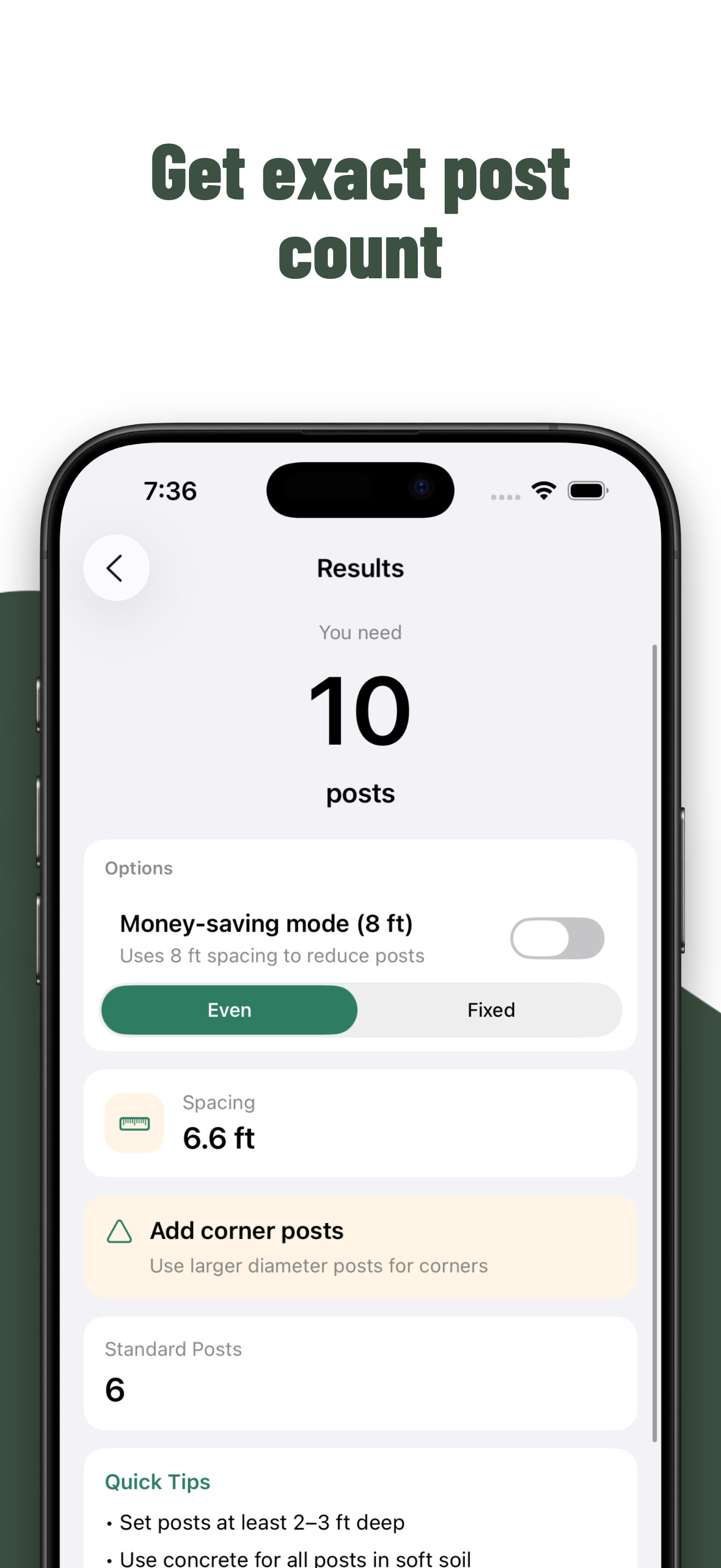 Fence Calculator Pro results screen showing post count and spacing results.
